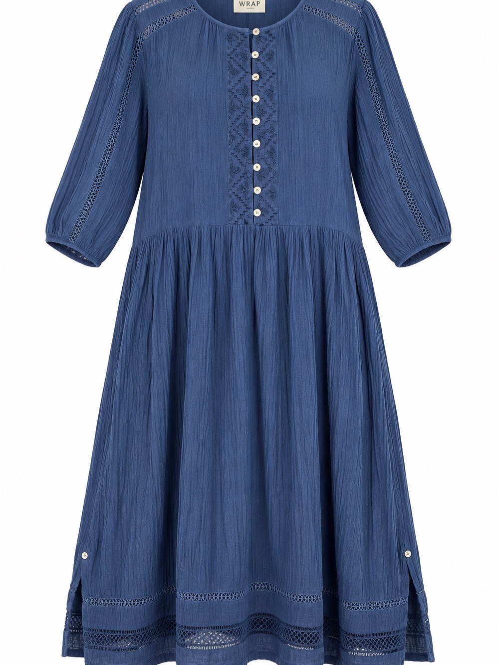 Wrap London Blue Cotton Linen Lace Crinkle Dress US 14 UK 18